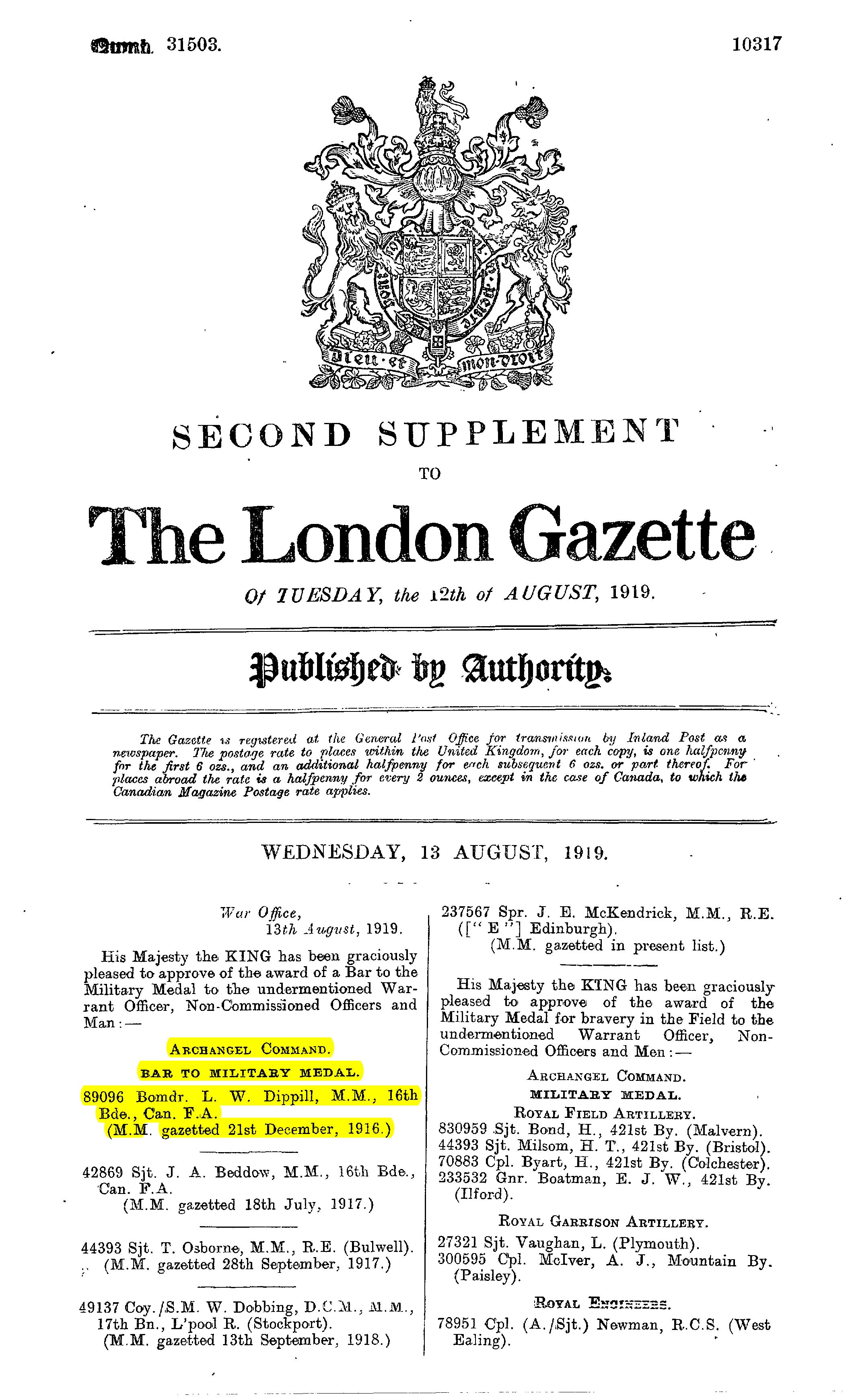 London Gazette, Supplement to 12 August 1919